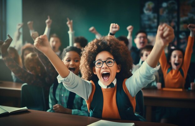 Foto un gruppo di studenti con le braccia in alto in una classe con la parola 