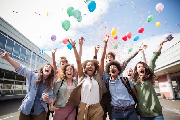 Foto un gruppo di studenti con i palloncini in cielo