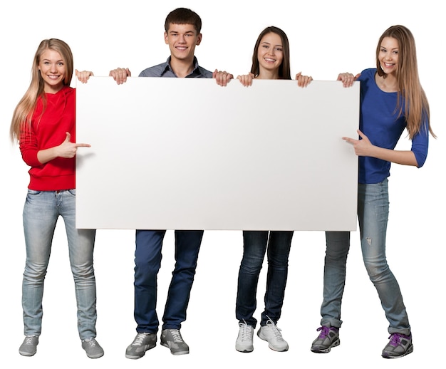 Photo group of students with blank sign isolated over a white background