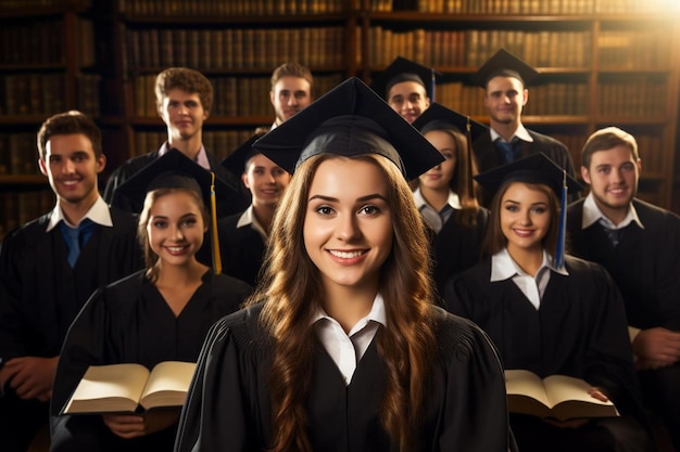 a group of students with books in the background