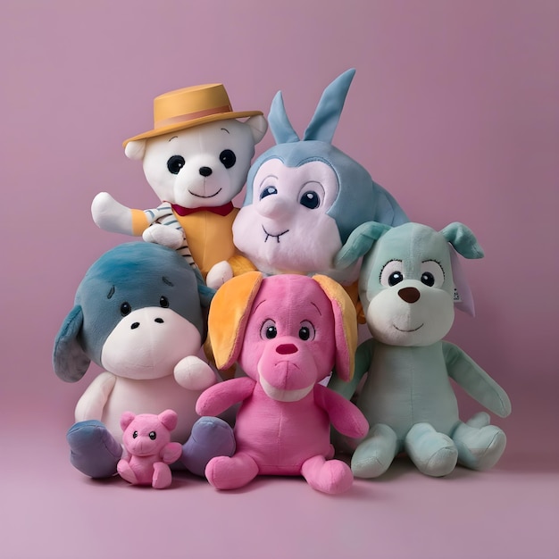 a group of stuffed animals are on a pink background