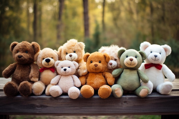 Группа мягких игрушек сидит на скамейке в лесу.