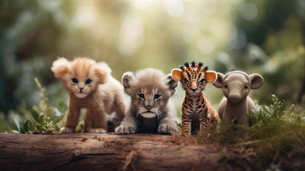 A group of stuffed animals with a baby lion and a giraffe