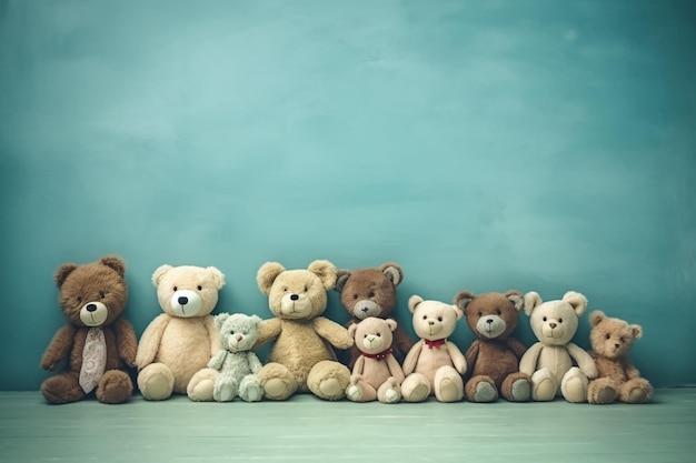 Photo group of stuffed bears are sitting in front of a blue wall creative ai