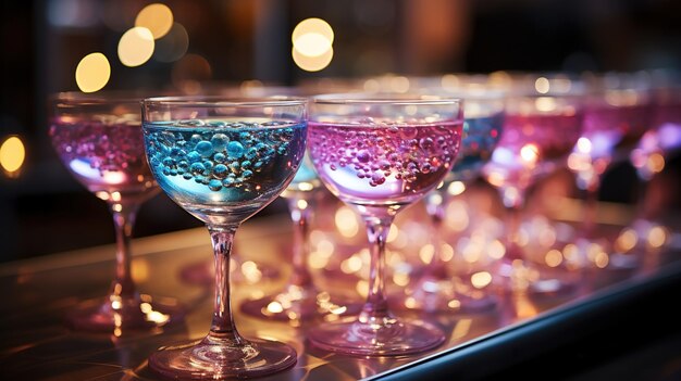 A group of stylish pink girlish cocktails in glasses with high stems at bar counter Generative AI