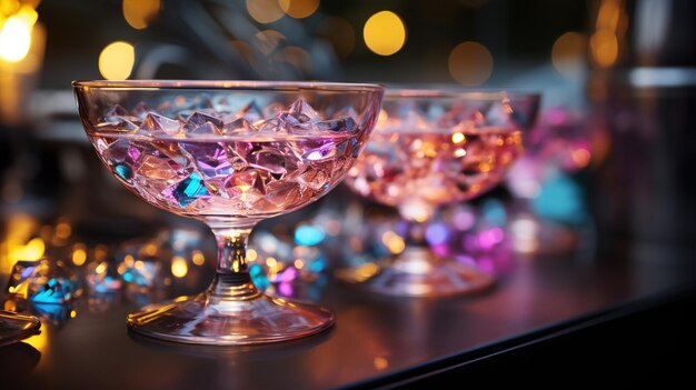 A group of stylish pink girlish cocktails in glasses with high stems at bar counter Generative AI