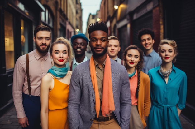 Group of stylish young adults in colorful outfits smiling on an urban street