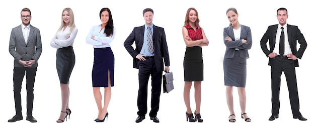 Group of successful business people standing in a row isolated on white