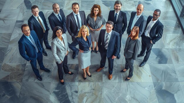Группа успешных бизнесменов, стоящих вместе и смотрящих в камеру, все они носят костюмы или официальные деловые наряды.