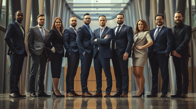 現代的なオフィススペースで一緒に立っている成功したビジネスマンのグループ彼らは皆スーツを着てカメラを見ています