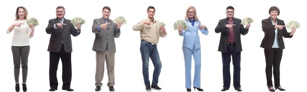 Group of successful business people with money isolated