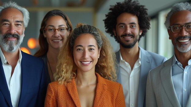 Group of successful business professionals looking at the camera in a modern office building Happy businessmen and satisfied business women stand as a team Multiethnic group of people smiling