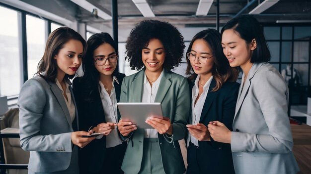 Photo group successful business women working together standing in middle of office and looking at tablet