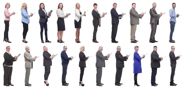 Group of successful people with notepad in hands isolated