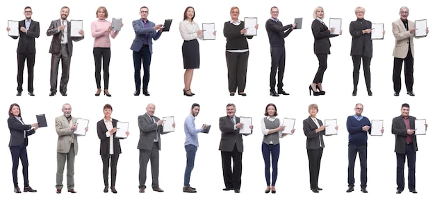 Photo group of successful people with notepad in hands isolated