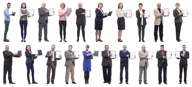 Group of successful people with notepad in hands isolated