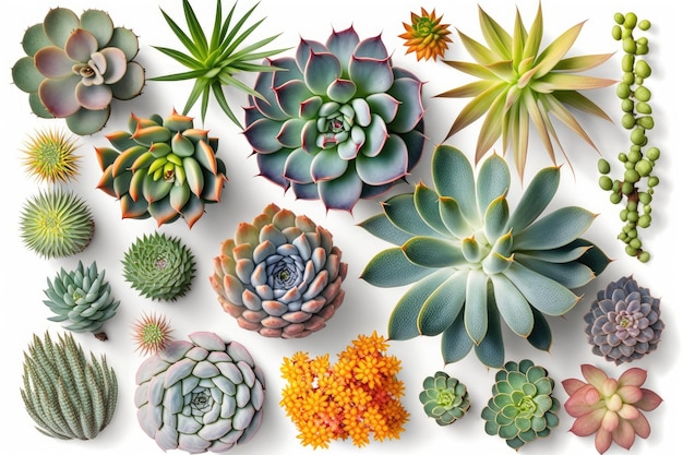 Group of succulent plants with different species and colors against white background