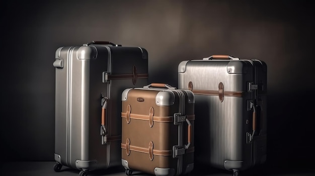 A group of suitcases are lined up on a dark background.