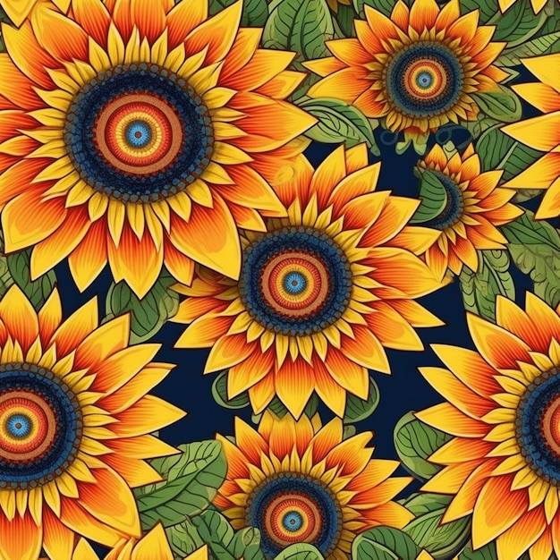 A group of sunflowers with leaves on a blue background generative ai