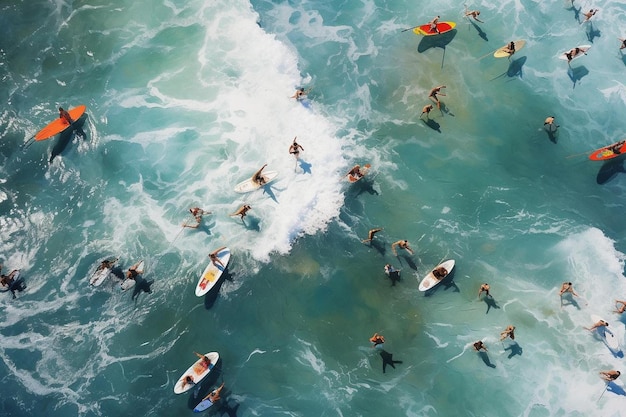 A group of surfers are riding the waves in the ocean.