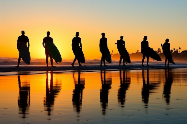 Photo a group of surfers are walking on the beach with the sun behind them