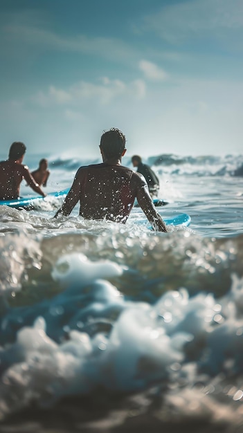 Group Surfers Entering Ocean Waves with Boards