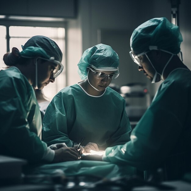 A group of surgeons are in a dark room with a window behind them.