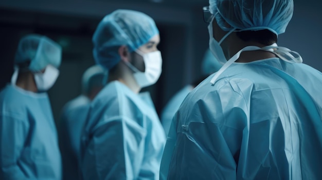 A group of surgeons in blue scrubs and masks stand in a dark room.