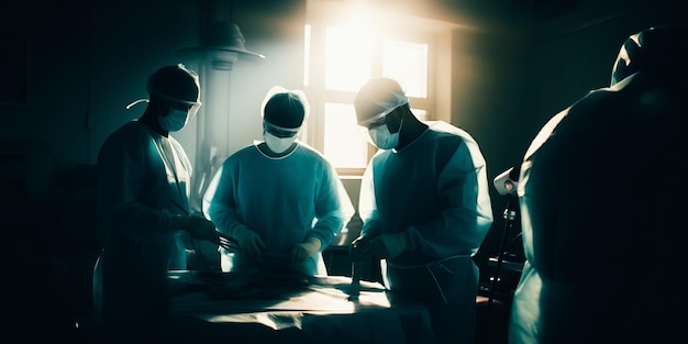 A group of surgeons in a dark room with a window behind them.