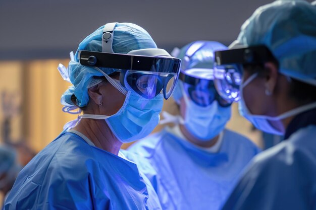 Foto gruppo di chirurghi che indossano attrezzature di protezione e occhiali da vista chirurgi che usano un auricolare medico ar durante una procedura generata dall'ia