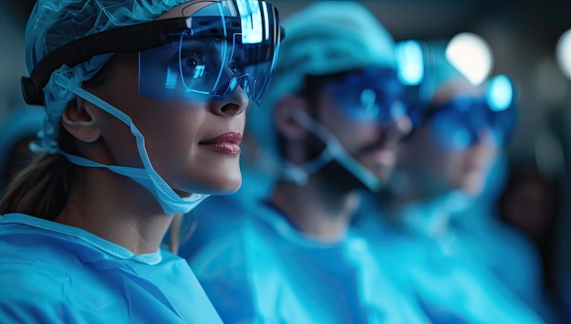 group of surgeons at work in operating theater toned in blue