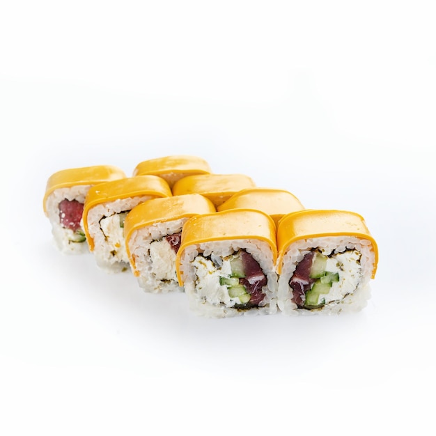 A group of sushi on a white background