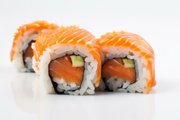 A group of sushi on a white surface