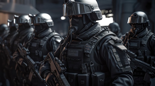 Группа офицеров спецназа стоит в шеренге со словом «спецназ» впереди.