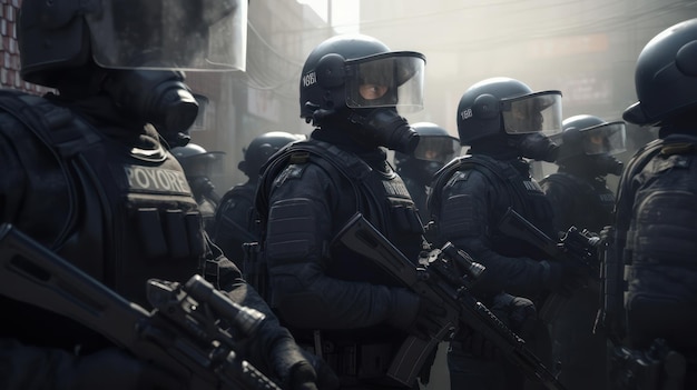 A group of swat soldiers in riot gear stand in a street.