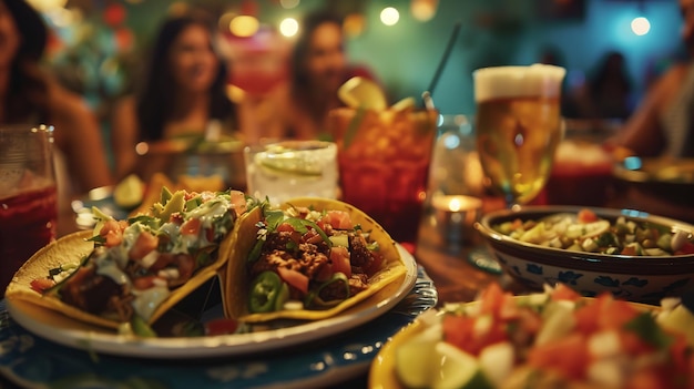 Group at table with plates of food and drinks at tacos party