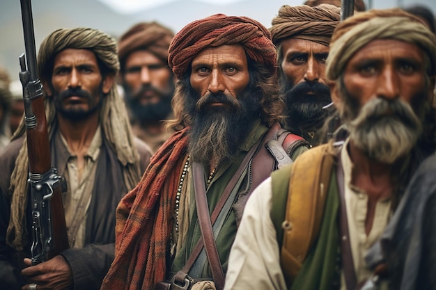 한 무리의 탈레반 병사들이 대의의 무게가 새겨진 굳은 표정으로 함께 서 있었습니다. 그들의 눈에는 결연한 동지애와 충성이 섞여 있었습니다. Generative AI