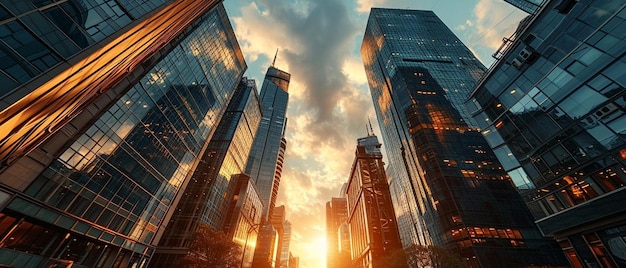 a group of tall buildings in a city at sunset