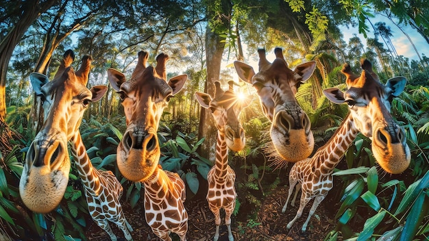 A group of tall and elegant giraffes stand closely together in a striking display of natural beauty and grace