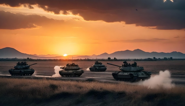 Photo a group of tanks are in a field with the sun behind them