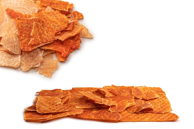 Group of tasty beer snacks Dehydrated chicken meat slices