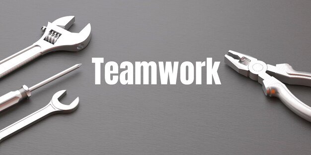 A group of teamwork logo with four different tools on a gray background.