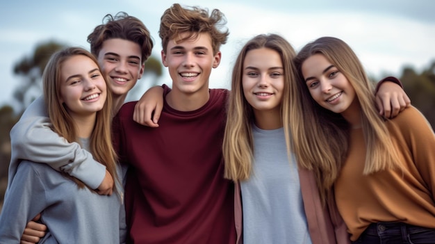 A group of teenage boys and girls smile for a photo