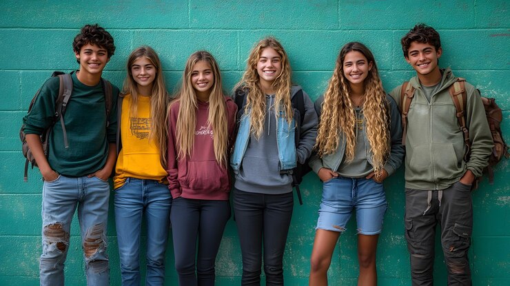 Group of teenage friends leaning against a vibrant green wall representing youth education and diversity