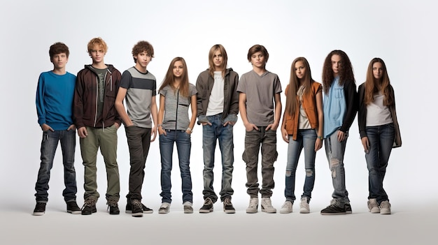 白い背景の十代の若者のグループ
