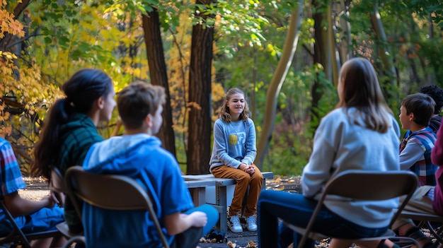 A group of teenagers are sitting in a circle in the woods They are all wearing casual clothes and look like they are enjoying their time together