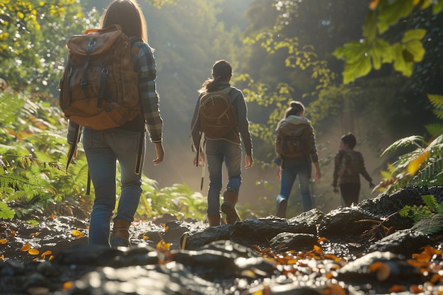 Group of teenagers hiking in the woods