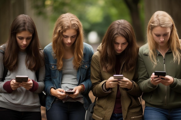 A group of teenagers looking down at smartphones