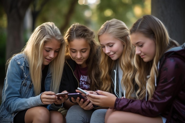 한 무리의 십대 들 이 스마트폰 을 내려다보고 있다