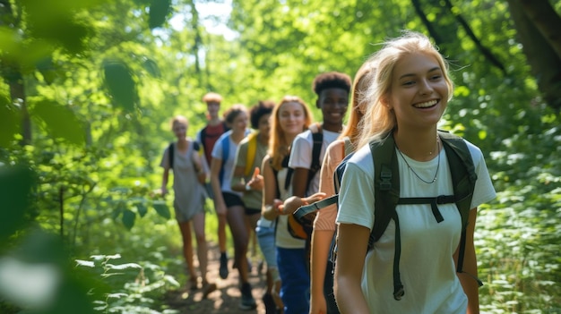 A group of teenagers of various backgrounds enjoying a carefree hike in a lush forest on a sunny day